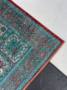 6x8 (180x245) Fair Trade Handmade Afghan Rug | Turquoise Cherry Red Ivory Blue Golden Brown | Hand Knotted Oriental Turkish Wool Oushak Boho