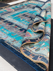 6x8 (180x245) Fair Trade Handmade Afghan Rug | Midnight Navy Blue Aqua Blue Turquoise Cream Denim Blue Brown Fuchsia Pink Orange Gabbeh Wool