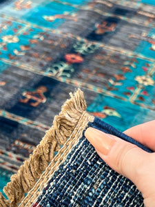 6x8 (180x245) Fair Trade Handmade Afghan Rug | Midnight Navy Blue Aqua Blue Turquoise Cream Denim Blue Brown Fuchsia Pink Orange Gabbeh Wool