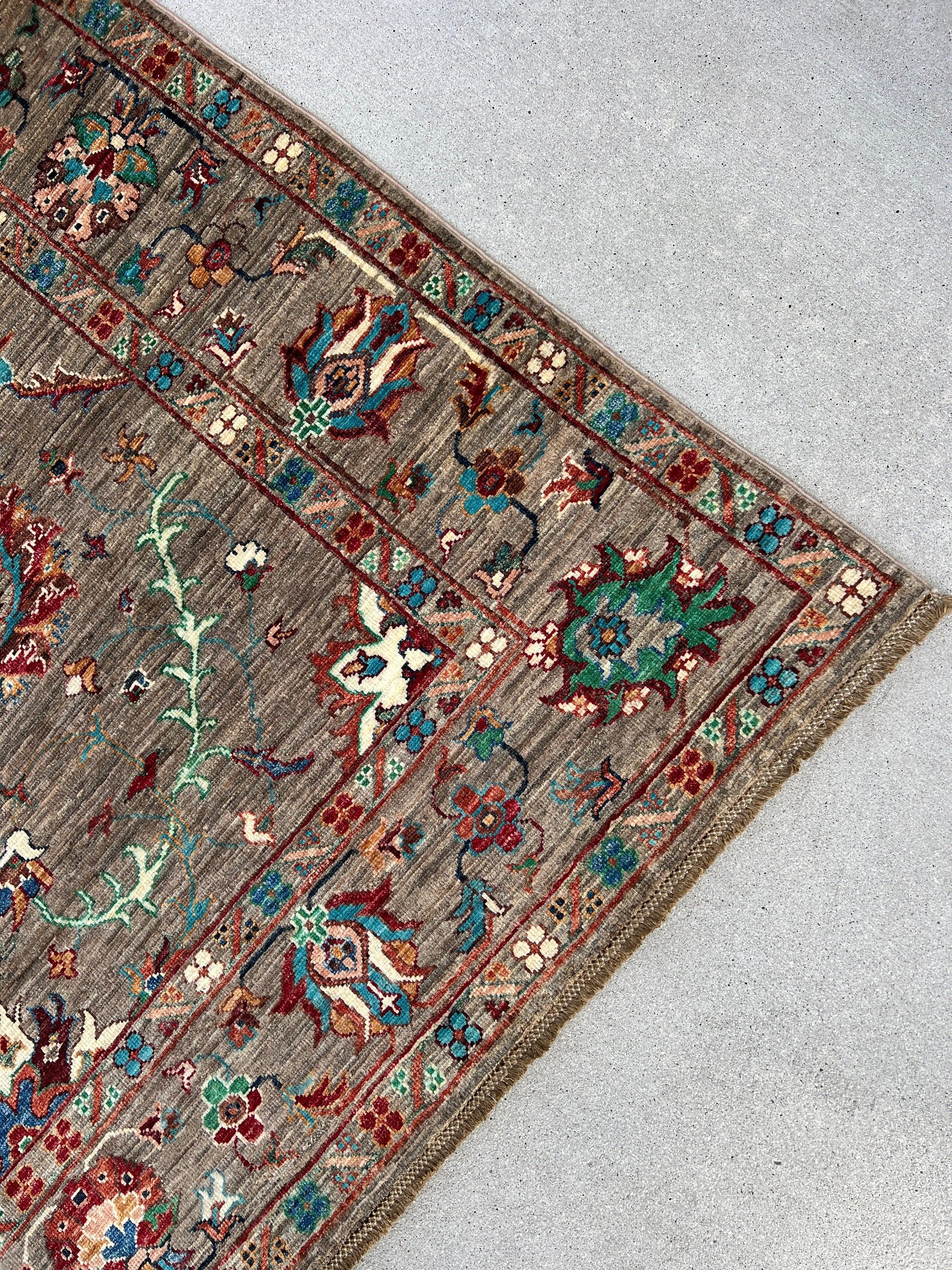 6x8 (180x245) Fair Trade Handmade Afghan Rug | Grey Golden Brown Brick Red Turquoise Teal Garnet Red Cream Navy Blue Forest Green Orange