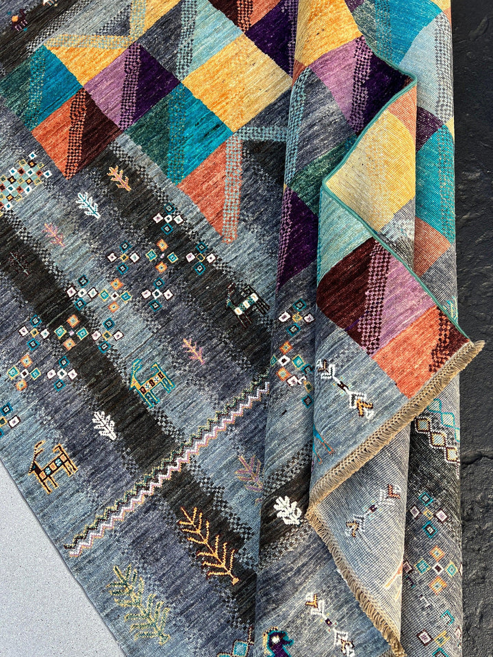 6x9 Fair Trade Handmade Afghan Rug | Colorful Charcoal Grey Gold Turquoise Teal Eggplant Purple Burnt Orange Ivory Lilac Orange Black Peach