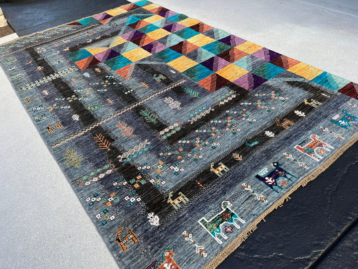 6x9 Fair Trade Handmade Afghan Rug | Colorful Charcoal Grey Gold Turquoise Teal Eggplant Purple Burnt Orange Ivory Lilac Orange Black Peach