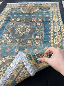 3x5 Handmade Afghan Rug | Denim Blue Cream Saffron Beige Teal Grey Orange Cornsilk | Hand Knotted Oriental Wool Oushak Bohemian Fair Trade