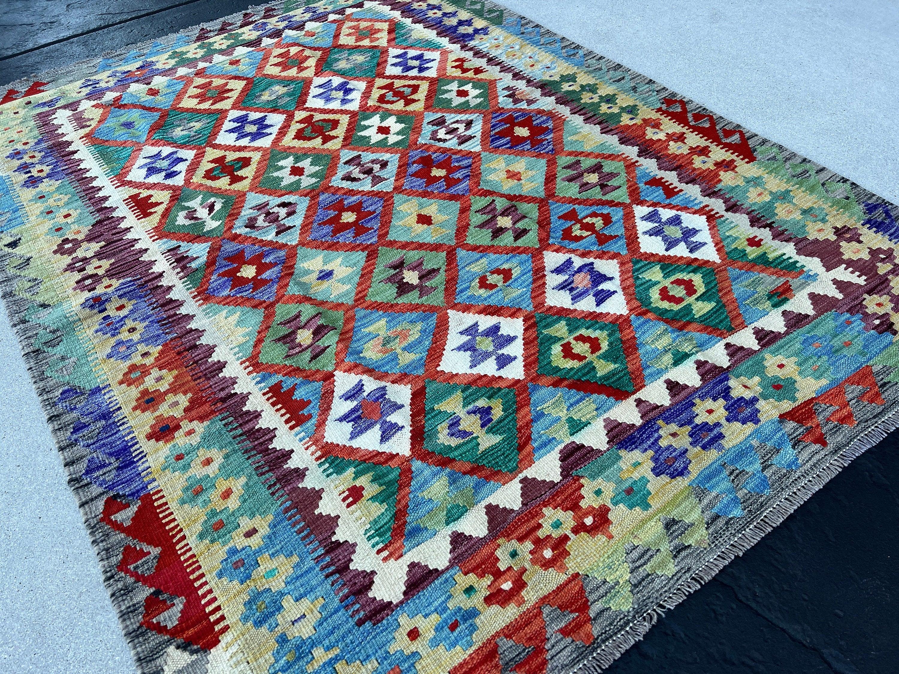 5x7 Handmade Afghan Kilim Rug Pastel Colorful Teal Indigo Rust Orange Pine Moss Green Wine Red Royal Blue Brick Red Light Grey White Tan