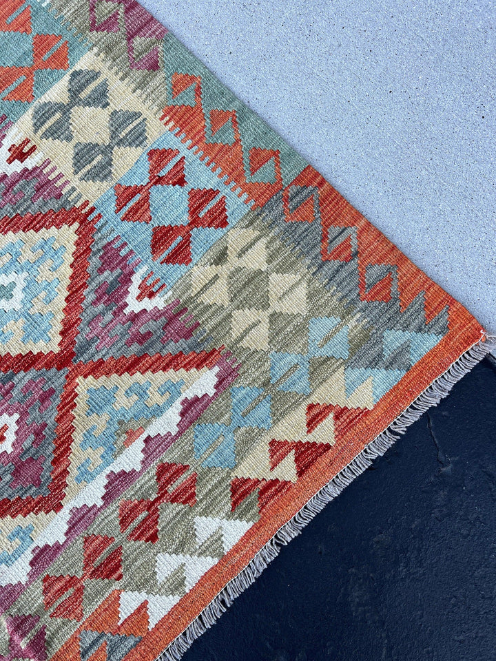 5x7 Handmade Afghan Kilim Flatweave Rug | Burnt Orange Teal Baby Blue Burnt Red Magenta Purple Cream Ivory Olive Green Moss Green Colorful