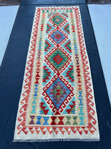 3x7 Handmade Afghan Kilim Flatweave Runner Rug Pastel Cream Beige Brick Red Purple Denim Blue Moss Olive Green Burnt Orange Sky Blue | Wool