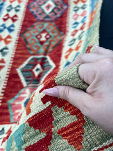 2x7 Handmade Afghan Kilim Flatweave Runner Rug | Pastel Moss Green Cream Denim Blue Red Charcoal Black Orange Olive Green Salmon Pink Wool