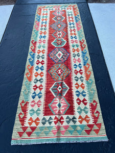 2x7 Handmade Afghan Kilim Flatweave Runner Rug | Pastel Moss Green Cream Denim Blue Red Charcoal Black Orange Olive Green Salmon Pink Wool