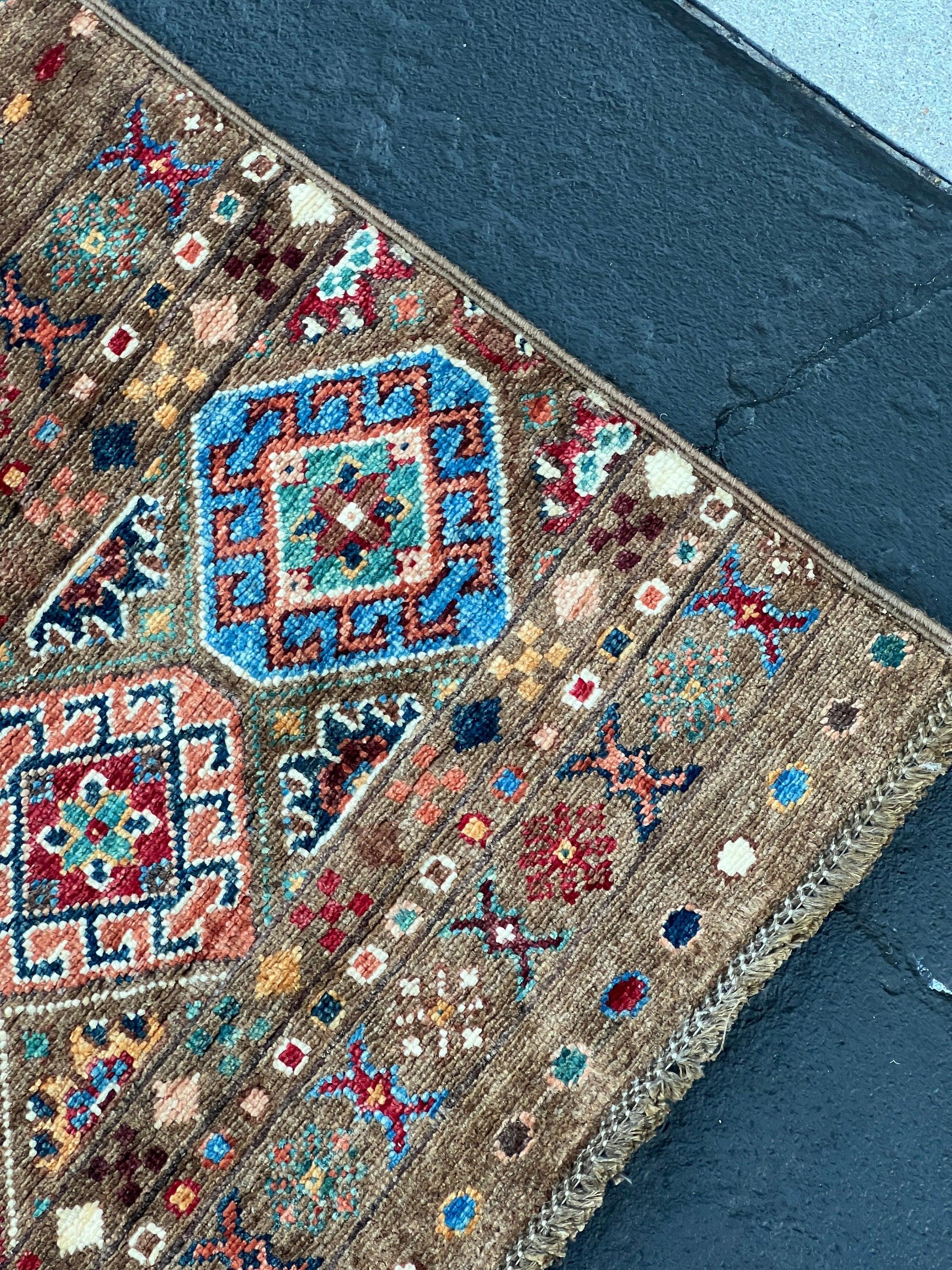 3x4 Handmade Afghan Rug | Chocolate Brown Denim Blue Turquoise Teal Salmon Pink Cream Ivory Orange Maroon | Hand Knotted Wool Fair Trade