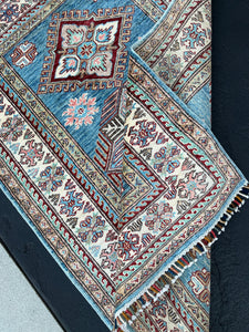3x5 Handmade Afghan Rug | Denim Blue Cream Saffron Beige Teal Grey Orange Salmon Pink Hand Knotted Oriental Wool Oushak Bohemian Fair Trade