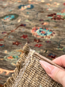 8x12 (245x365) Handmade Afghan Rug | Earth Tones Brown Umber Moss Fern Green Teal Peach Ivory Blue Turquoise Red Carmel Burnt Orange