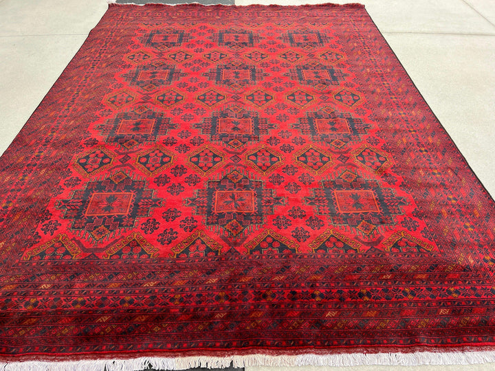 9x12 (270x365) Fair Trade Handmade Afghan Rug | Brick Cherry Red Black Burnt Orange Caramel Brown White | Hand Knotted Turkish Persian Wool