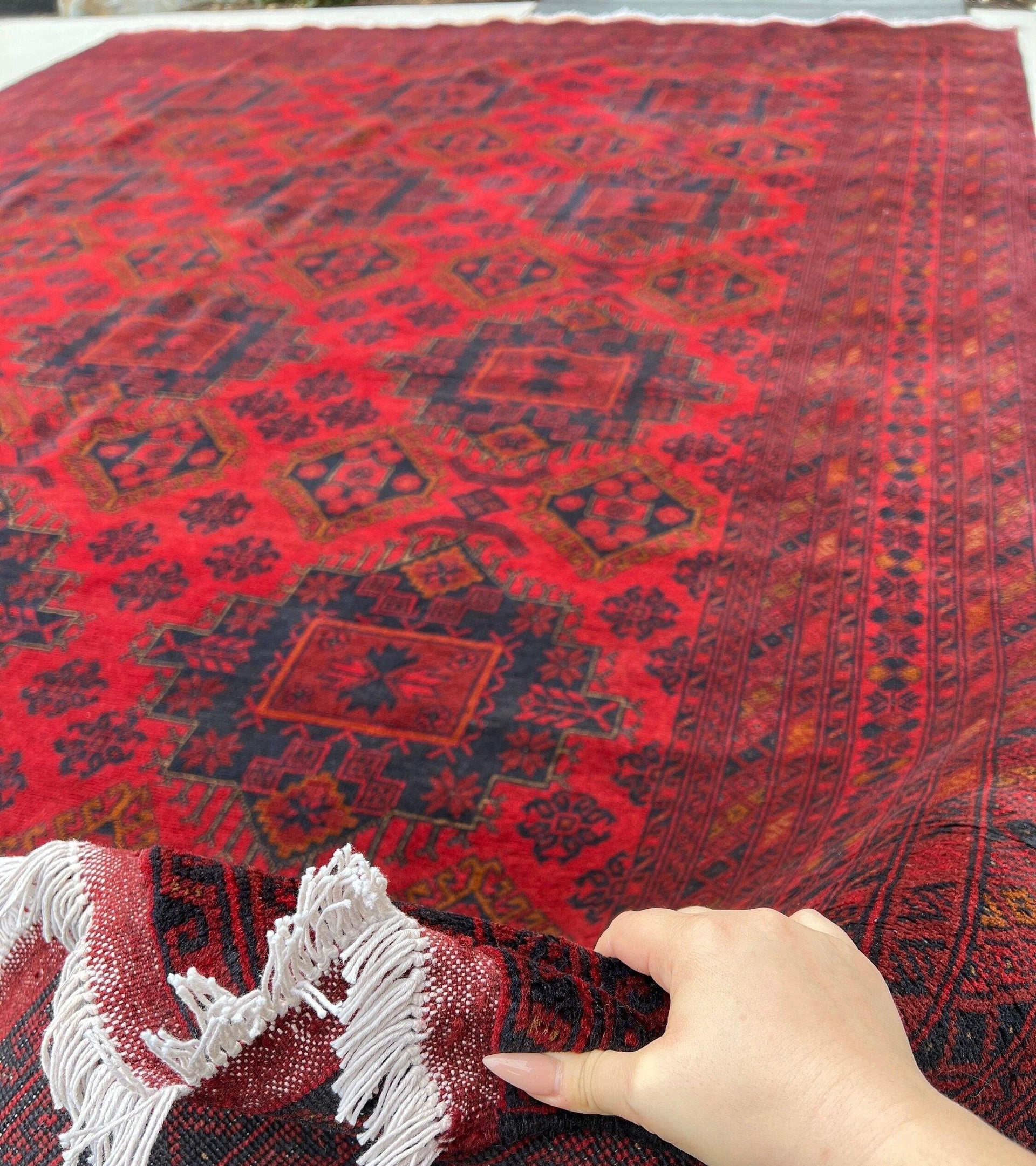 9x12 (270x365) Fair Trade Handmade Afghan Rug | Brick Cherry Red Black Burnt Orange Caramel Brown White | Hand Knotted Turkish Persian Wool