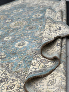 8x12 (245x365) Handmade Afghan Rug | Muted Neutral Denim Blue Beige Cream Charcoal Grey Moss Green Gold Caramel Brown Turkish Fair Trade