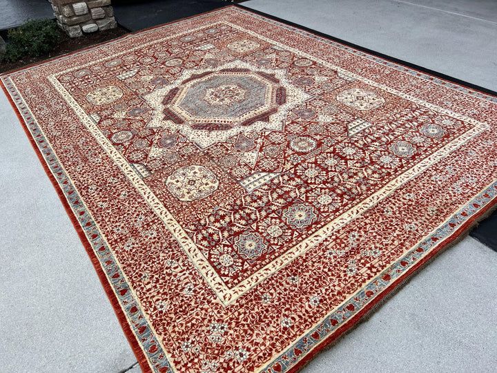 8x10 (245x305) Fair Trade Handmade Afghan Rug | Crimson Red Denim Blue Ivory Cream Beige | Hand Knotted Turkish Oushak Persian Oriental