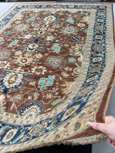 9x12 Fair Trade Handmade Afghan Rug | Chocolate Caramel Mocha Brown Navy Blue Turquoise Beige | Turkish Oushak Hand Knotted Wool Boho Tribal