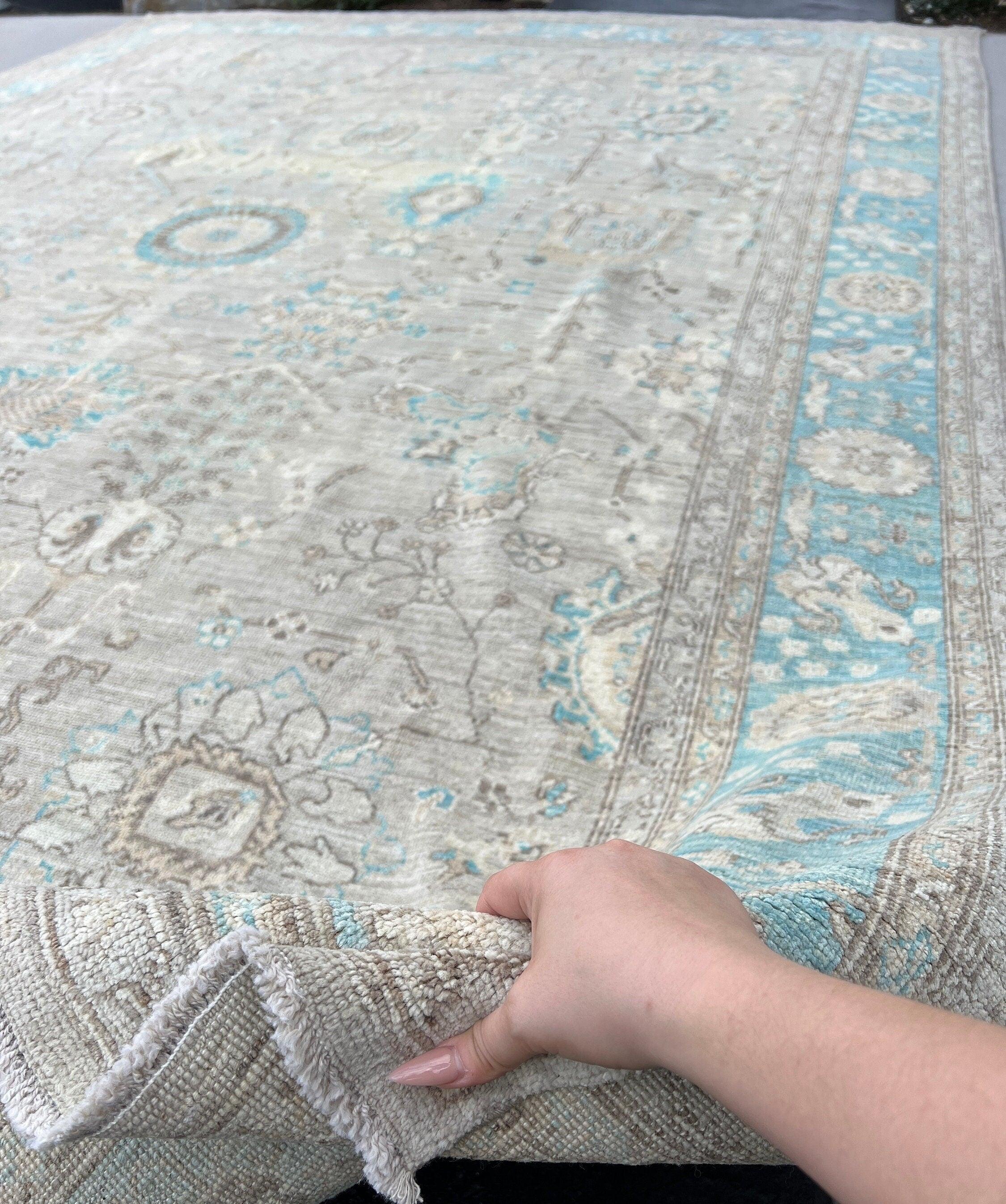 10x13 Fair Trade Handmade Afghan Rug | Muted Neutral Pastel Light Warm Grey Charcoal Teal Tan Brown Turquoise | Knotted Oushak Persian