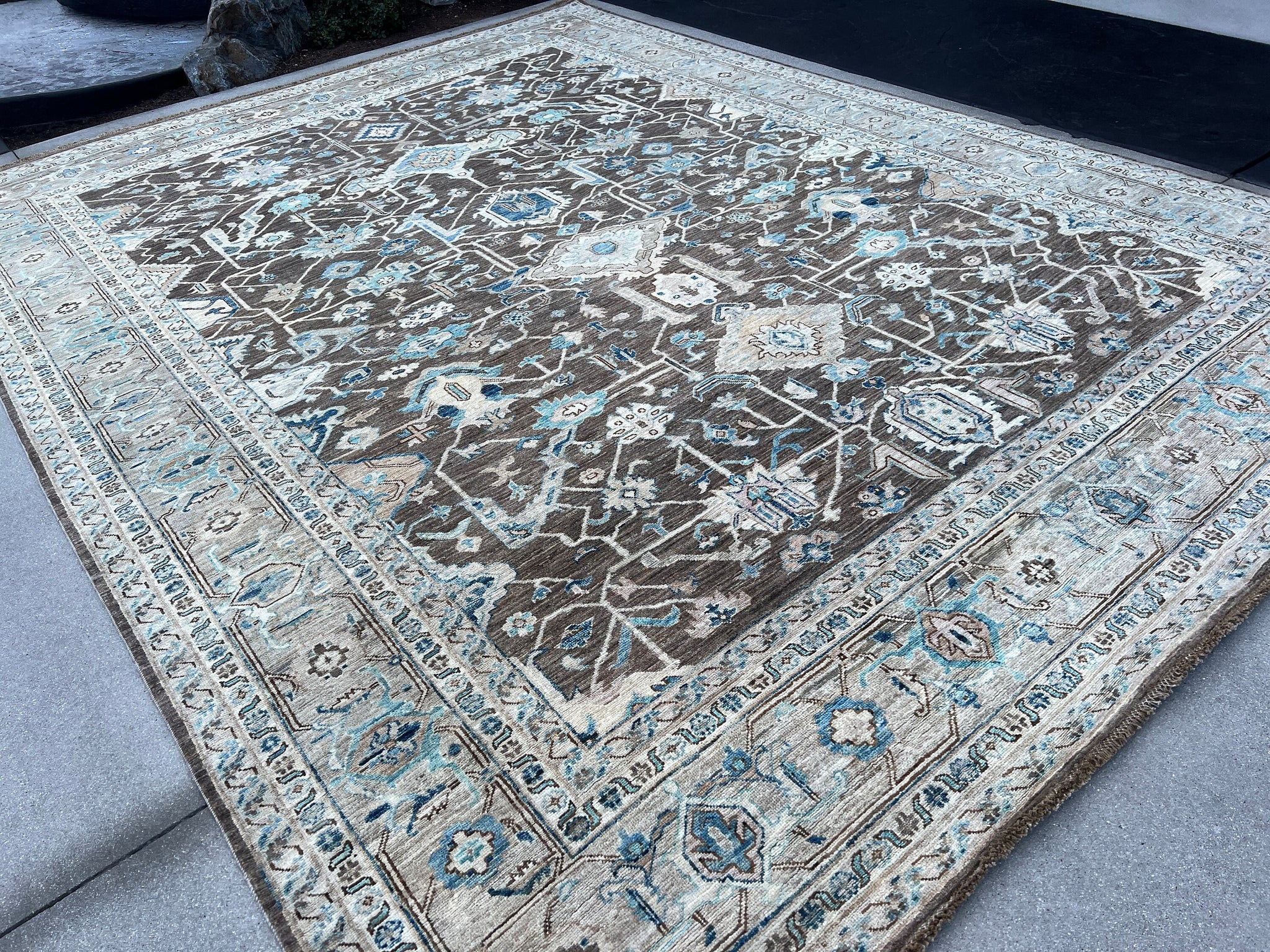 9x12 (275x365) Handmade Afghan Rug | Beige Grey Brown Copper Light Navy Blue Turquoise Ivory | Turkish Oushak Wool Hand Knotted Fair Trade