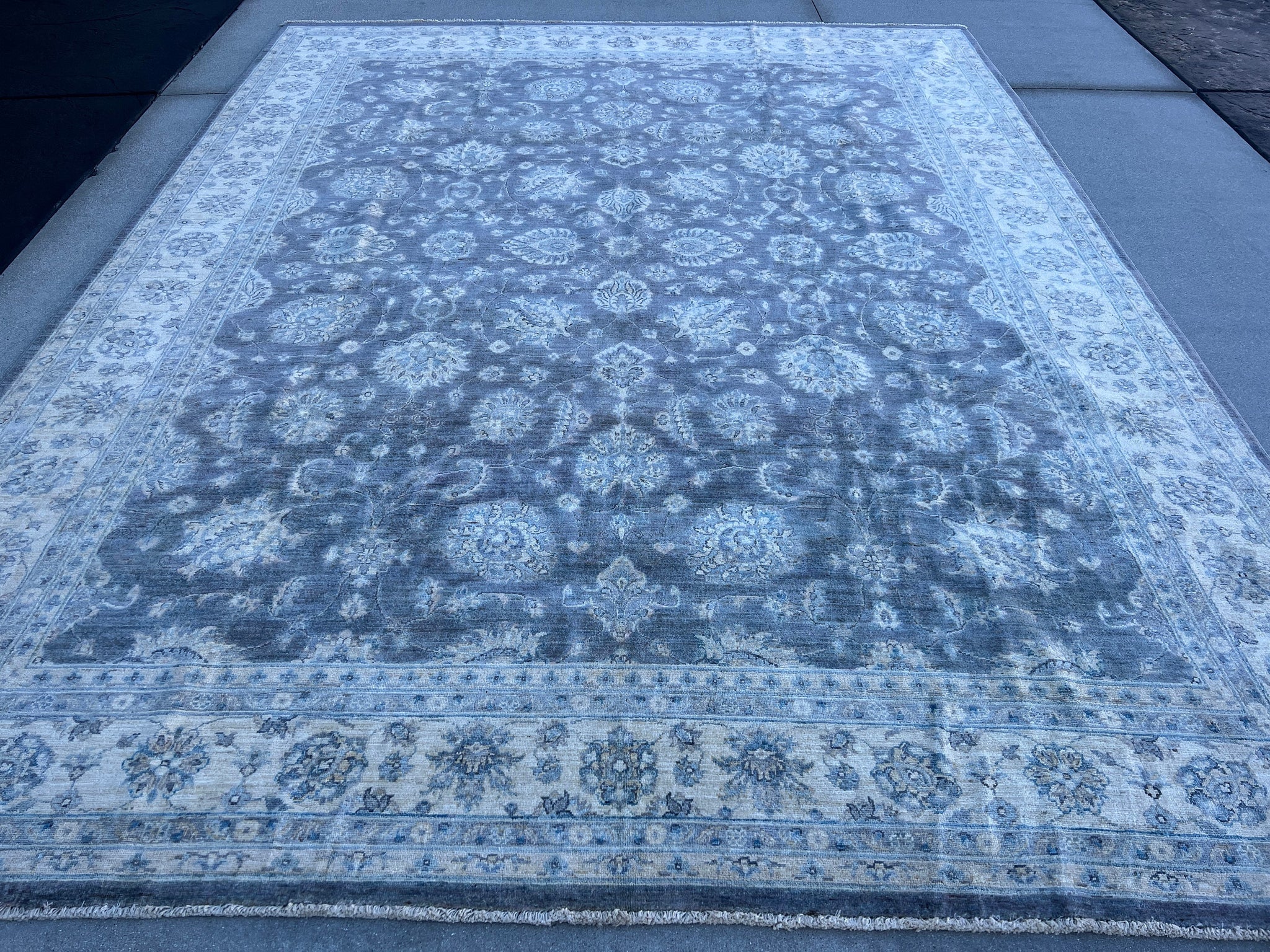 9x12 (270x365) Fair Trade Handmade Afghan Rug | Muted Charcoal Grey Ivory Light Blue Beige Tan | Neutral Hand Knotted Oriental Turkish Wool