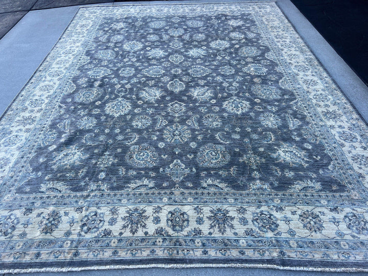 9x12 (270x365) Fair Trade Handmade Afghan Rug | Muted Charcoal Grey Ivory Light Blue Beige Tan | Neutral Hand Knotted Oriental Turkish Wool