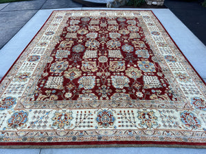 9x13 (275x395) Fair Trade Handmade Afghan Rug | Crimson Red Beige Cream Blue Ivory Gold Brown | Turkish Persian Hand Knotted Oriental Wool