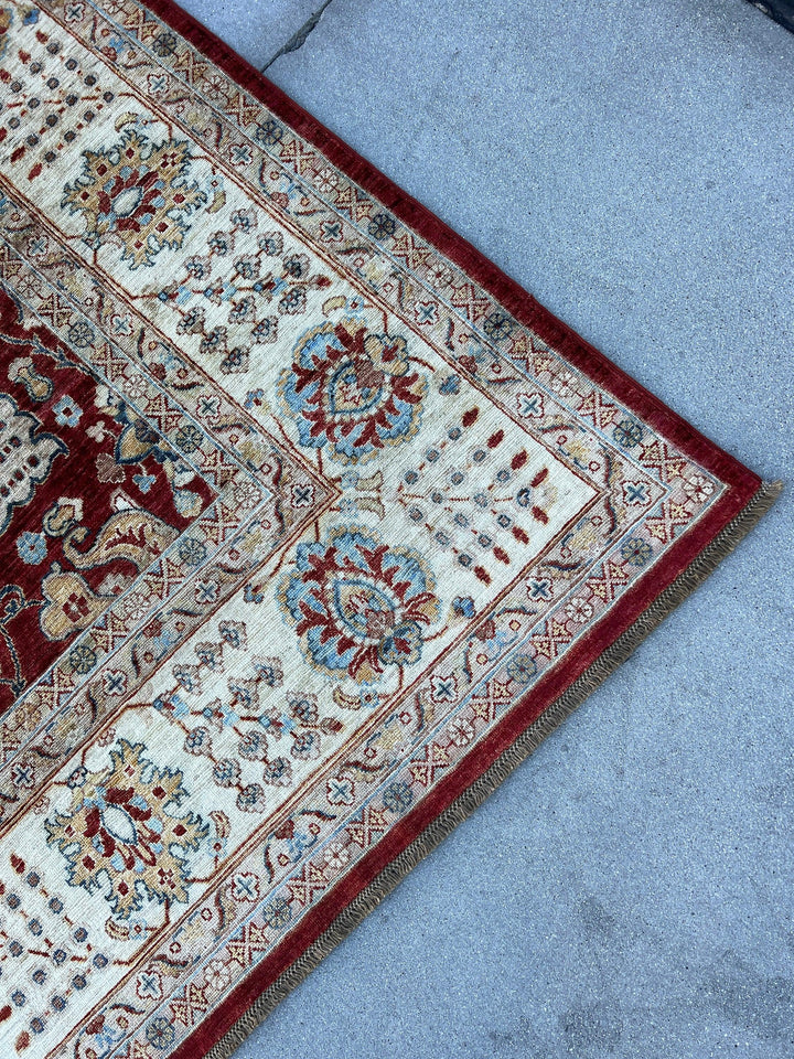 9x13 (275x395) Fair Trade Handmade Afghan Rug | Crimson Red Beige Cream Blue Ivory Gold Brown | Turkish Persian Hand Knotted Oriental Wool