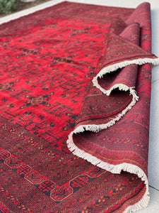 8x12 (270x365) Handmade Afghan Rug | Brick Cherry Red Midnight Blue Orange Chocolate Ivory | Pastel Hand Knotted Turkish Persian