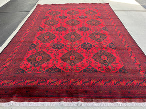 8x12 (270x365) Fair Trade Handmade Afghan Rug | Brick Cherry Red Black Burnt Orange Chocolate Brown White | Hand Knotted Turkish Persian