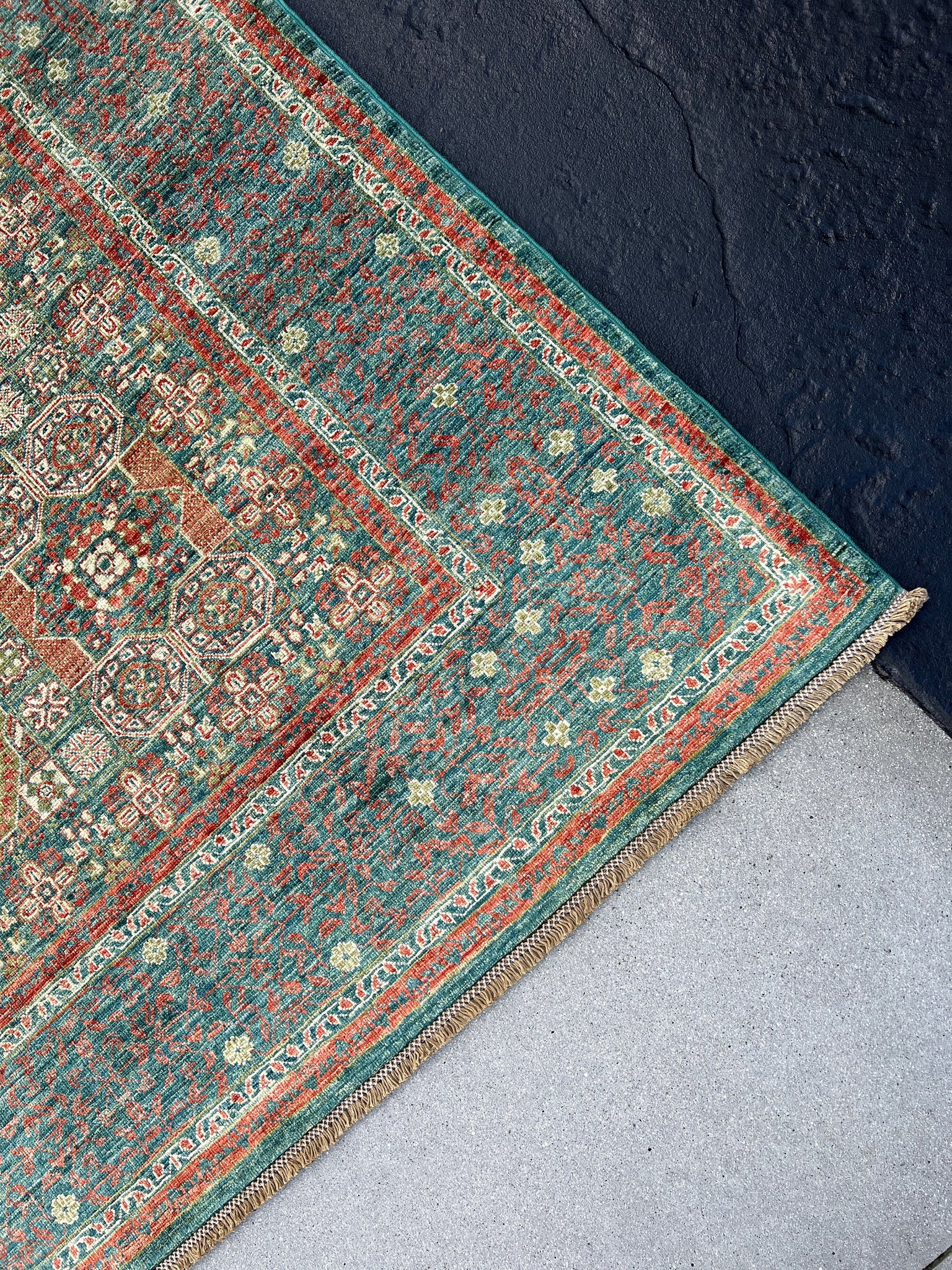 6x8 (180x245) Fair Trade Handmade Afghan Rug | Teal Burnt Orange Moss Green Ivory Denim Blue Tan Chocolate Brown | Mamluk Knotted Oriental