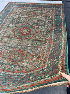 6x8 (180x245) Fair Trade Handmade Afghan Rug | Teal Burnt Orange Moss Green Ivory Denim Blue Tan Chocolate Brown | Mamluk Knotted Oriental
