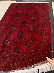 4x7 (120x215) Fair Trade Handmade Afghan Rug | Crimson Red Eggplant Purple White Orange Tan Grey | Oushak Hand Knotted Oriental Turkish Wool