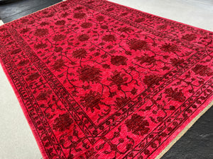7x11 (215x305) Fair Trade Handmade Afghan Rug | Ruby Red Crimson Red Black Tan Beige | Hand Knotted Oriental Turkish Wool Persian Floral