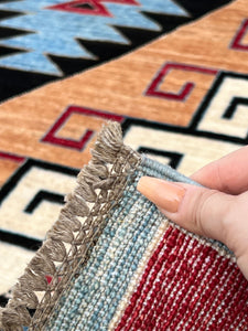 6x10 - 7x10 Fair Trade Handmade Afghan Rug | Demin Blue Light Blue Ivory Cream Caramel Red Copper Brown Beige Black | Wool Hand Knotted Boho