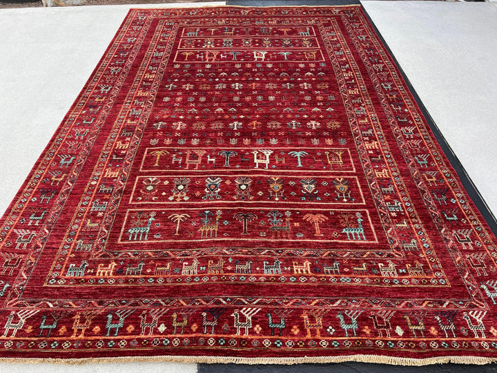 7x11 Handmade Afghan Rug | Cherry Red Burnt Orange Turquoise Black Cream Beige Peach Maroon Red Copper Brown Black Chocolate Fair Trade