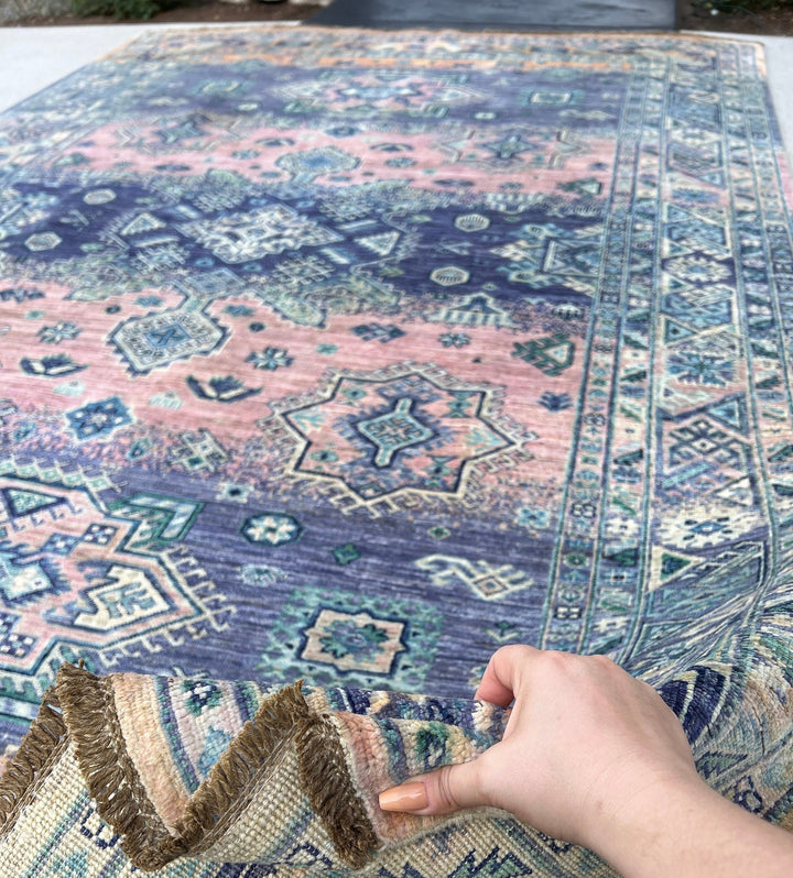 7x10 (215x305) Fair Trade Handmade Afghan Rug | Pastel Purple Lilac Lavender Denim Blue Blush Pink Ivory Teal | Hand Knotted Turkish Wool