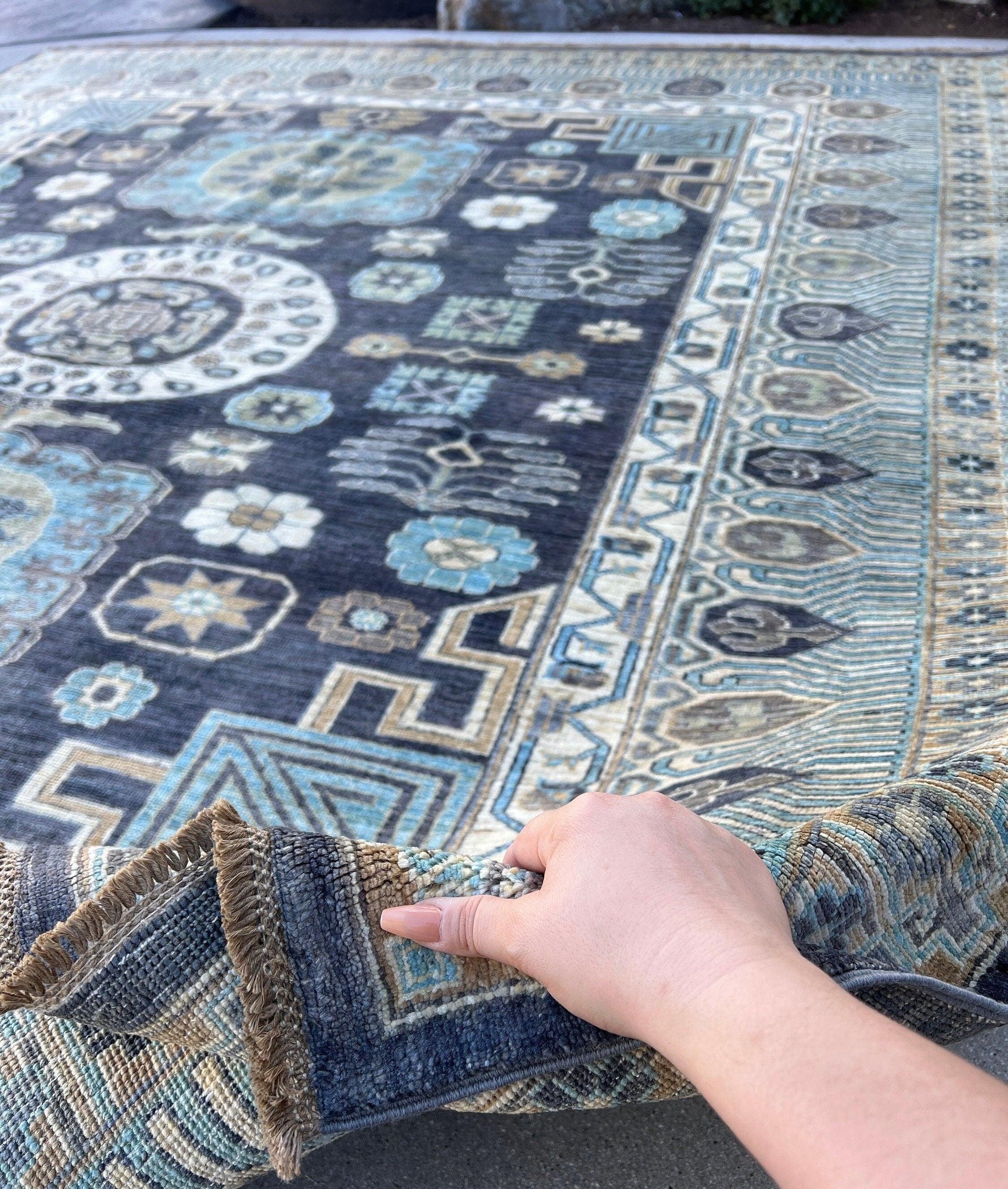 8x9 Fair Trade Handmade Afghan Rug | Charcoal Cool Grey Teal Moss Green Black Caramel Light Grey Ivory Cream Beige | Hand Knotted Oriental