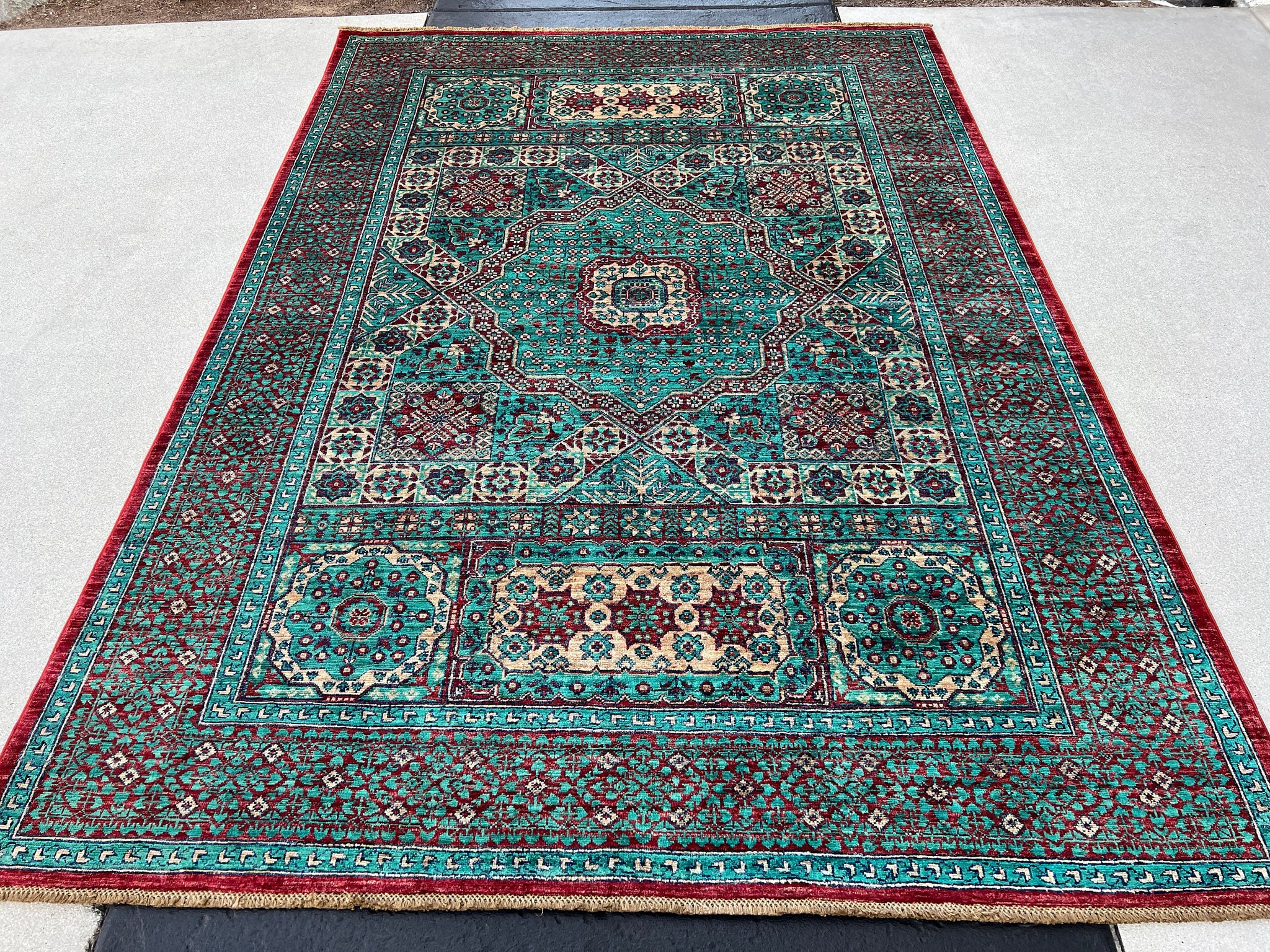 6x8 (180x245) Fair Trade Handmade Afghan Rug | Turquoise Cherry Red Ivory Blue Golden Brown | Hand Knotted Oriental Turkish Wool Oushak Boho