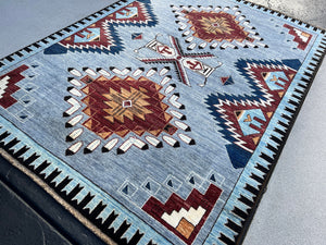 5x7 Handmade Afghan Rug Washed Denim Blue Light Grey Garnet Maroon Midnight Blue Caramel Brown Black Ivory White Wool Boho Fair Trade