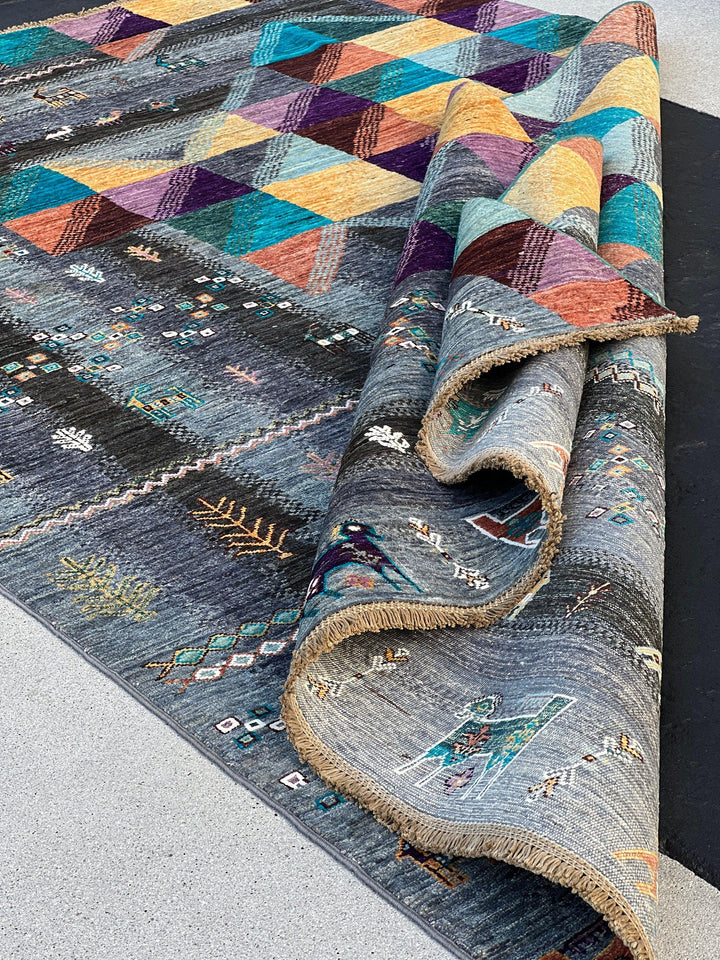 6x9 Fair Trade Handmade Afghan Rug | Colorful Charcoal Grey Gold Turquoise Teal Eggplant Purple Burnt Orange Ivory Lilac Orange Black Peach