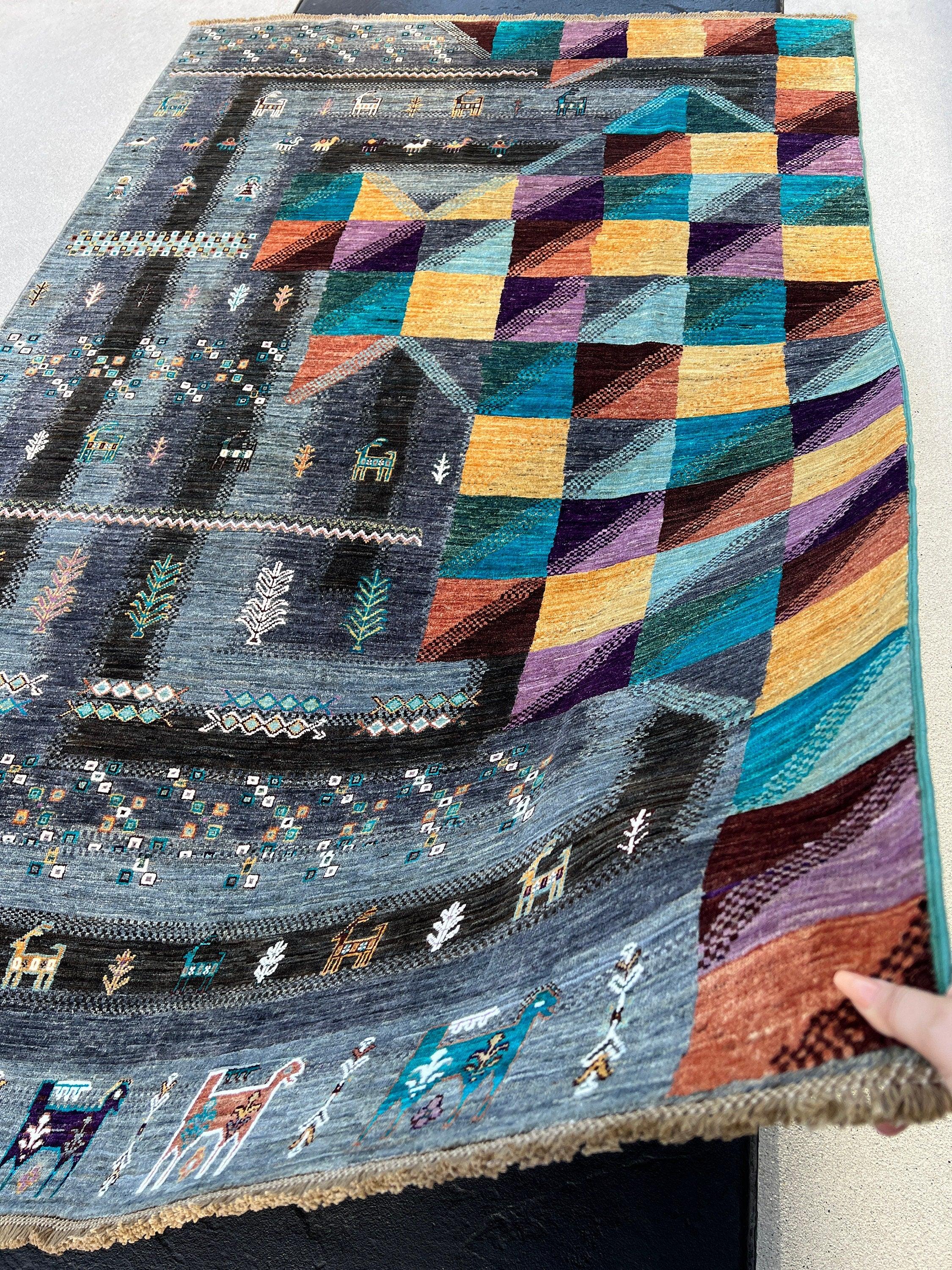 6x9 Fair Trade Handmade Afghan Rug | Colorful Charcoal Grey Gold Turquoise Teal Eggplant Purple Burnt Orange Ivory Lilac Orange Black Peach