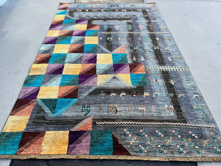 6x9 Fair Trade Handmade Afghan Rug | Colorful Charcoal Grey Gold Turquoise Teal Eggplant Purple Burnt Orange Ivory Lilac Orange Black Peach