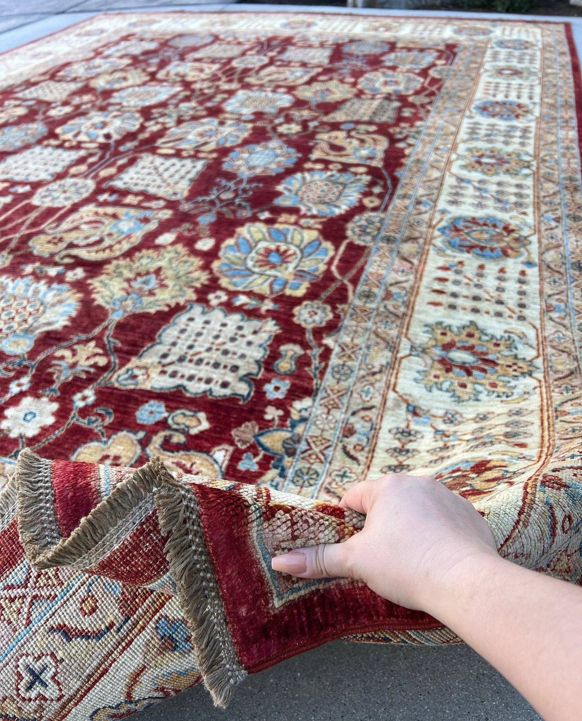 9x13 (275x395) Fair Trade Handmade Afghan Rug | Crimson Red Beige Cream Blue Ivory Gold Brown | Turkish Persian Hand Knotted Oriental Wool