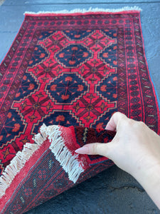 2x4 - 3x4 Handmade Afghan Rug | Cherry Red Midnight Blue Red Burnt Orange Caramel | Knotted Oriental Turkish Wool Khal Mohammadi Fair Trade