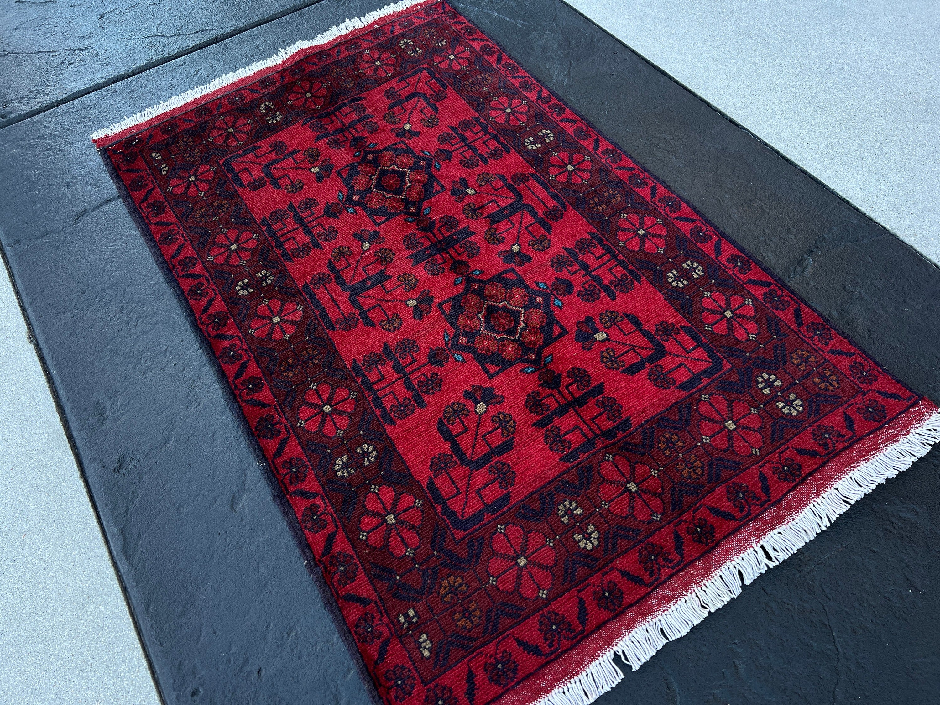 3x4 (90x120) Fair Trade Handmade Afghan Rug | Cherry Red Midnight Blue Roya Blue Brick Red Orange Beige White | Hand Knotted Turkish Floral