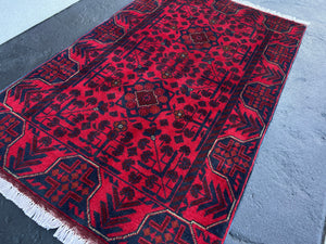 Beige Red Blue Colorful 3x4 Rug Afghan Handmade Area Rug 