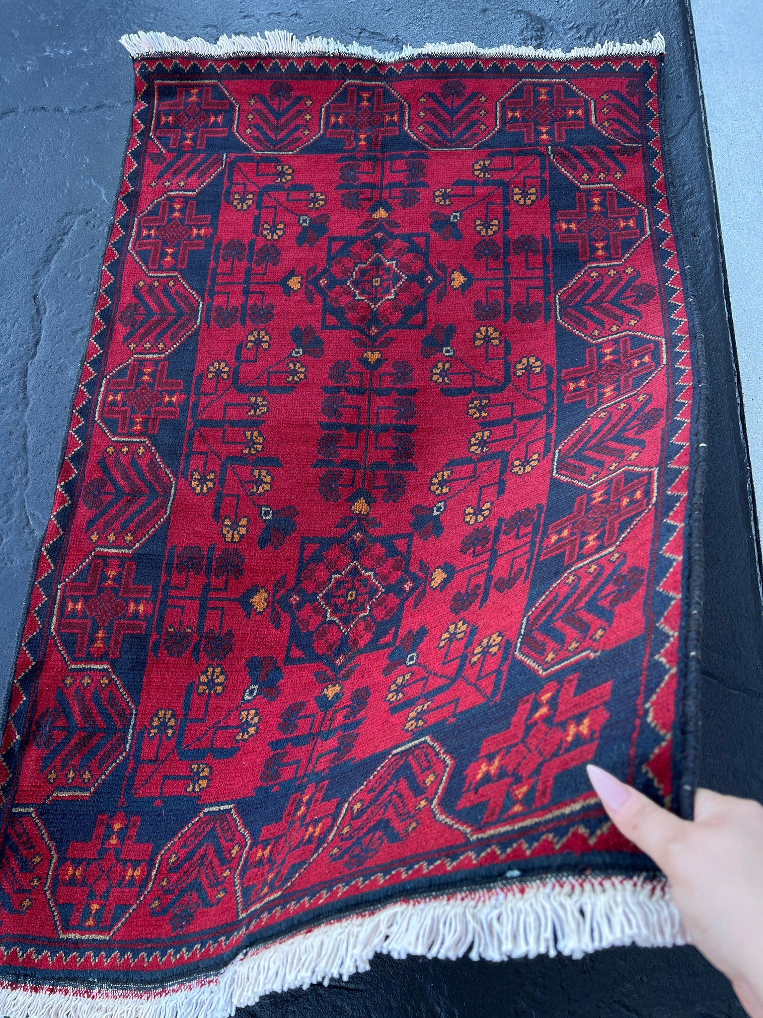 3x4 (90x120) Fair Trade Handmade Afghan Rug | Cherry Red Midnight Blue Brick Red Orange Beige White | Hand Knotted Oriental Turkish Floral