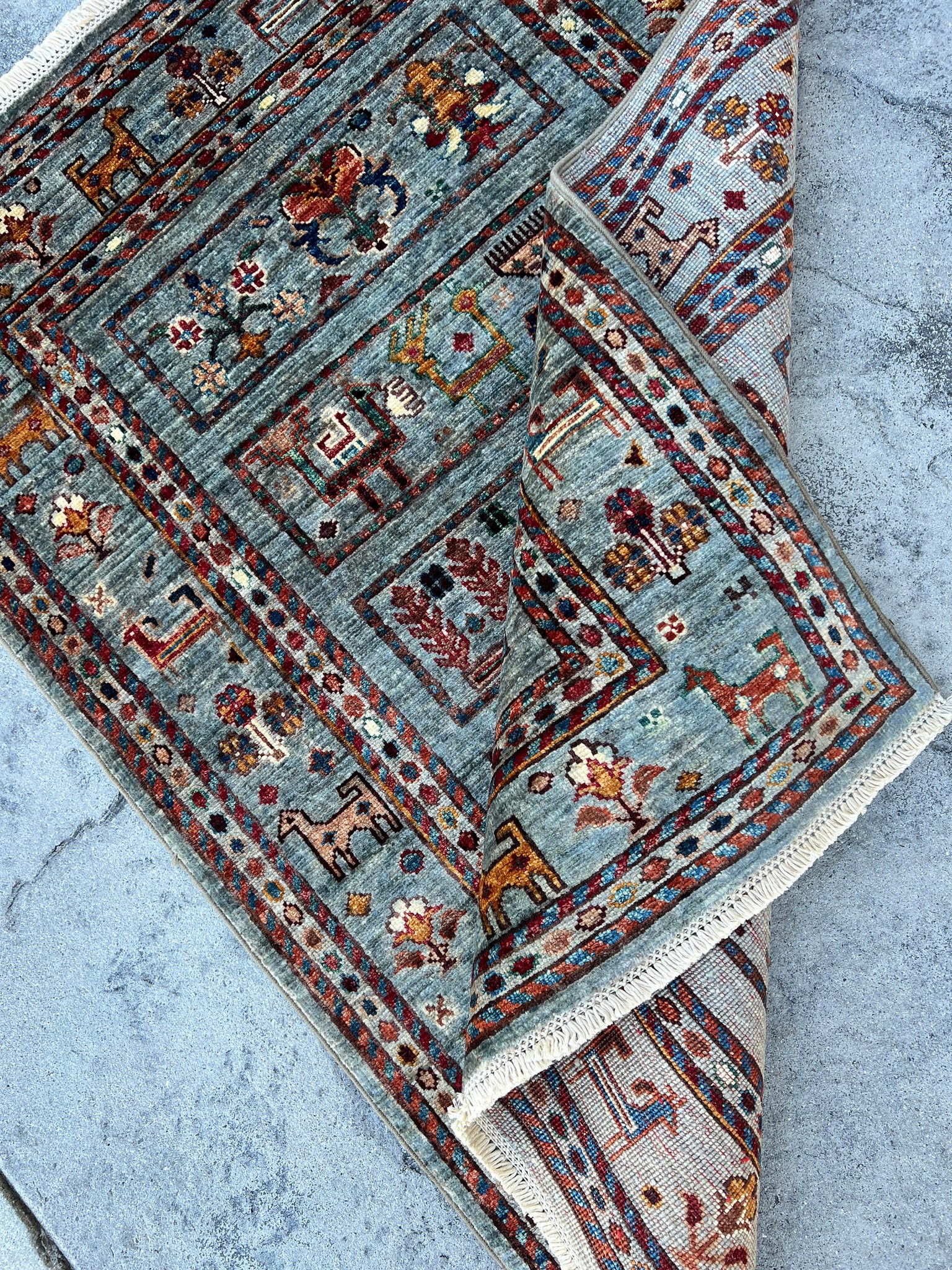 3x4 Fair Trade Handmade Afghan Rug | Grey Gray Caramel Peach Navy Blue Turquoise Green Brick Red | Turkish Oushak Tribal Boho Animals Gabbeh
