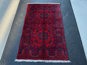 2x4 - 3x4 Fair Trade Handmade Afghan Rug | Crimson Garnet Red Midnight Sky Blue Burnt Orange White | Knotted Oriental Turkish Wool Persian