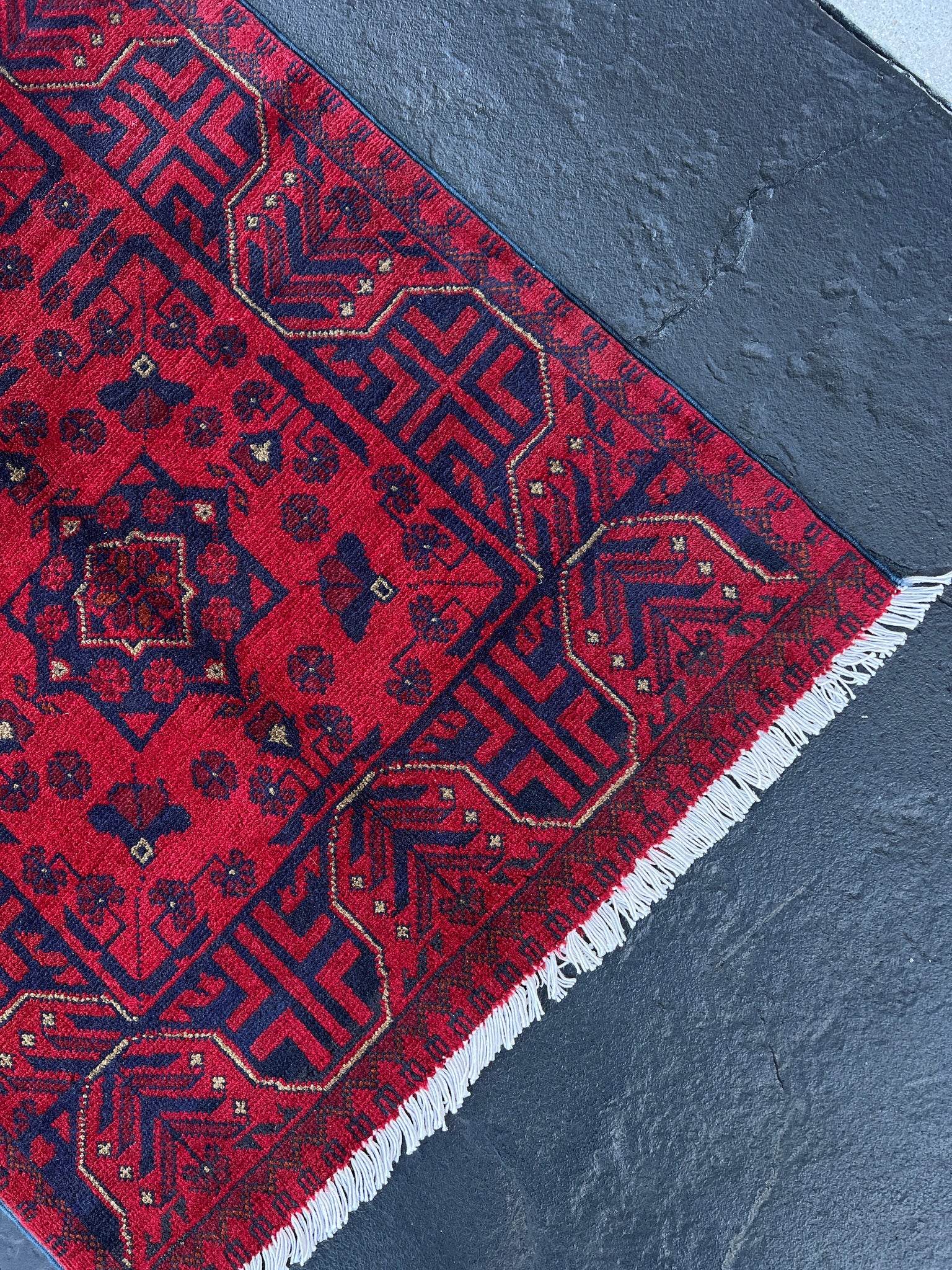 2x4 - 3x4 Fair Trade Handmade Afghan Rug | Crimson Garnet Red Midnight Sky Blue Burnt Orange White | Knotted Oriental Turkish Wool Persian