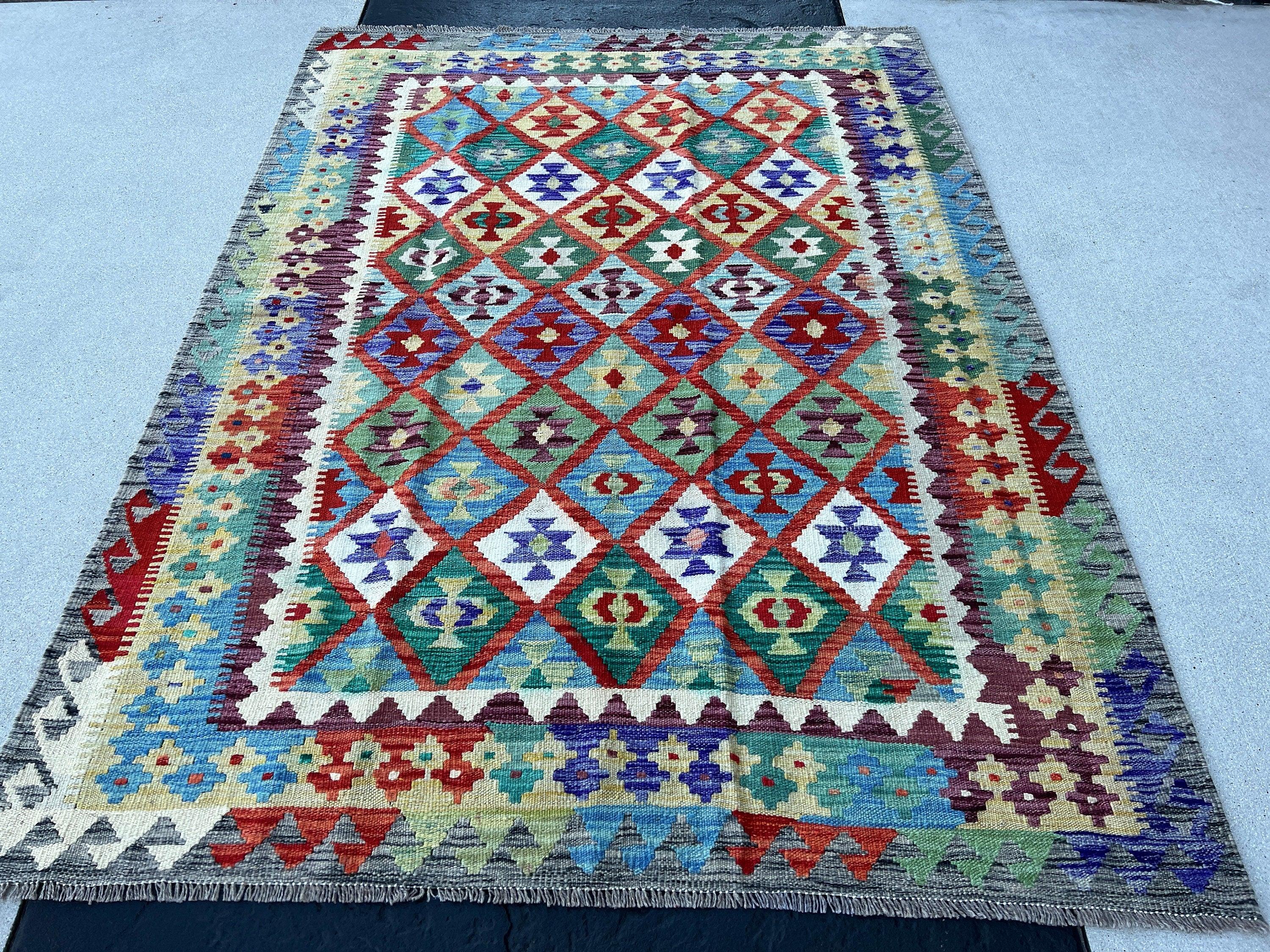 5x7 Handmade Afghan Kilim Rug Pastel Colorful Teal Indigo Rust Orange Pine Moss Green Wine Red Royal Blue Brick Red Light Grey White Tan